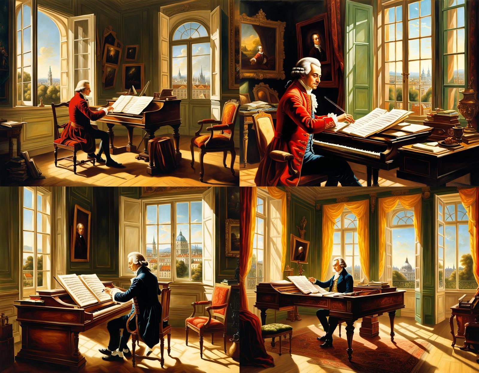 Wolfgang Amadeus Mozart, composing a symphony at his desk. t...