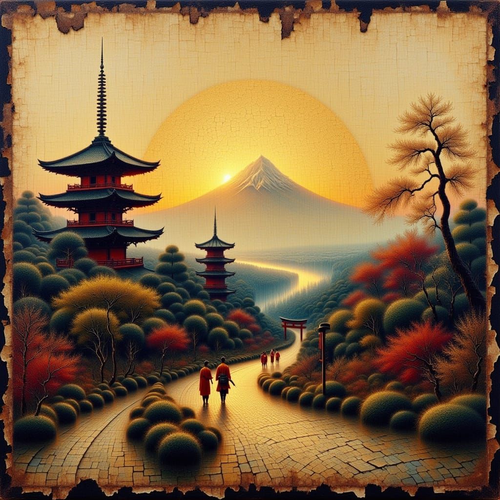 <lora:craquelur:1.0> cracks craquelure old japanese tapestry. panorama of ancient kyoto. Oil on canvas with worn edges, the paint has peeled...