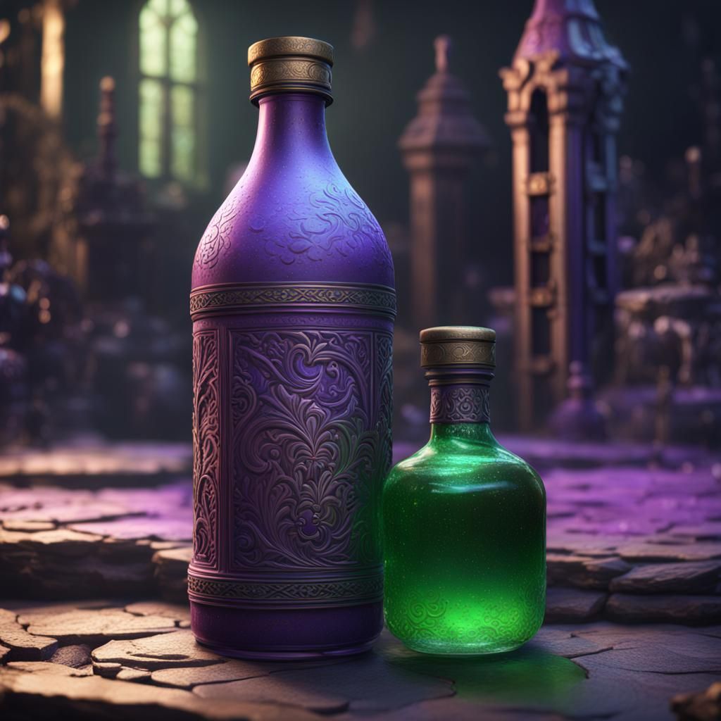 Fantastical Purple-Green Bottle with Characters
