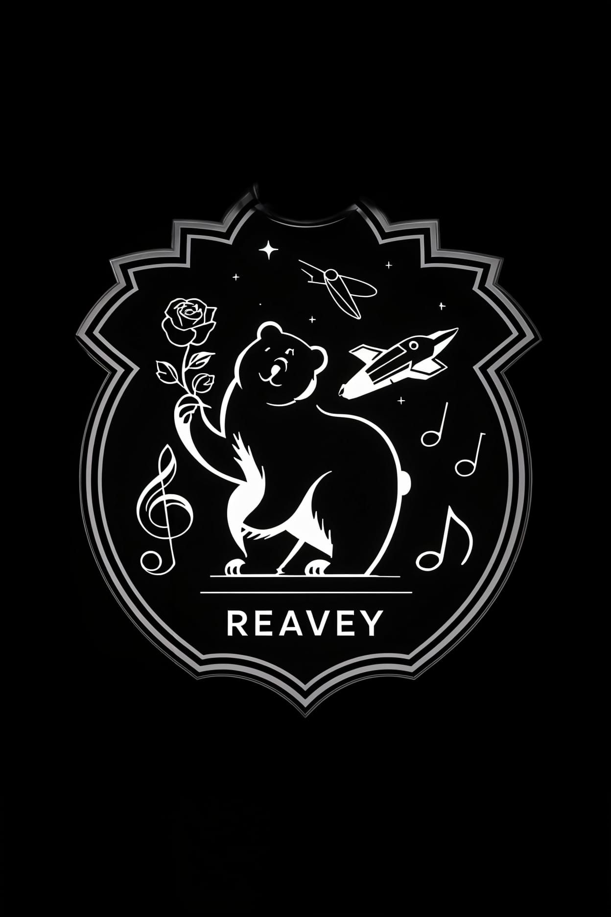 Black/white family crest, modern simple design, bear holding a rose, spaceship in orbit flying in sky, music notes and name REAVEY