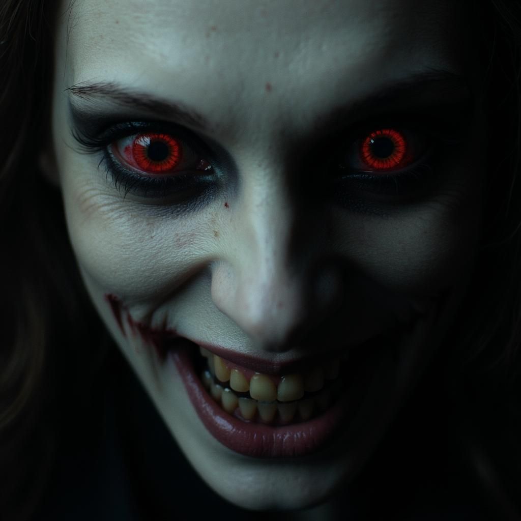 Creepy Ultrarealistic fantasy portrait image of evil vampiric goth woman beauty DC teen titans raven possessed by the sh...