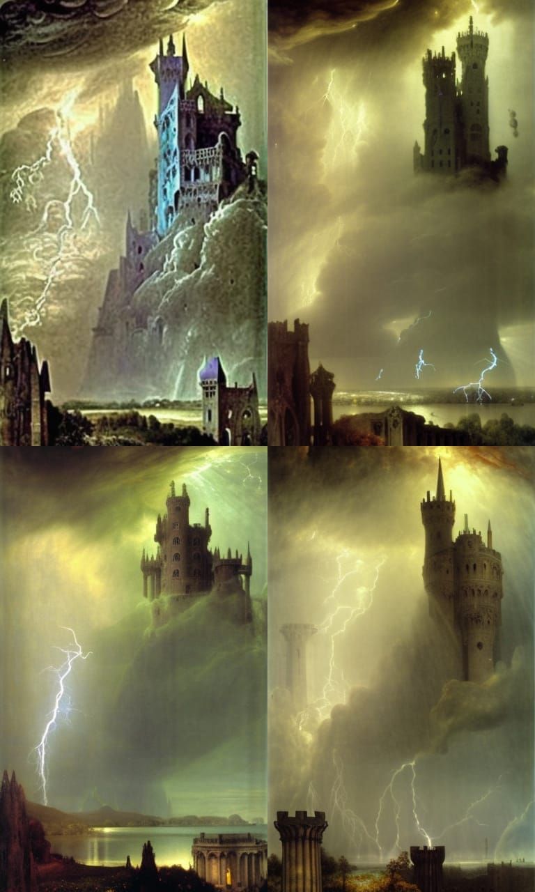 Epic colossal gothic castle, thunderstorm by Arnold Bocklin,...