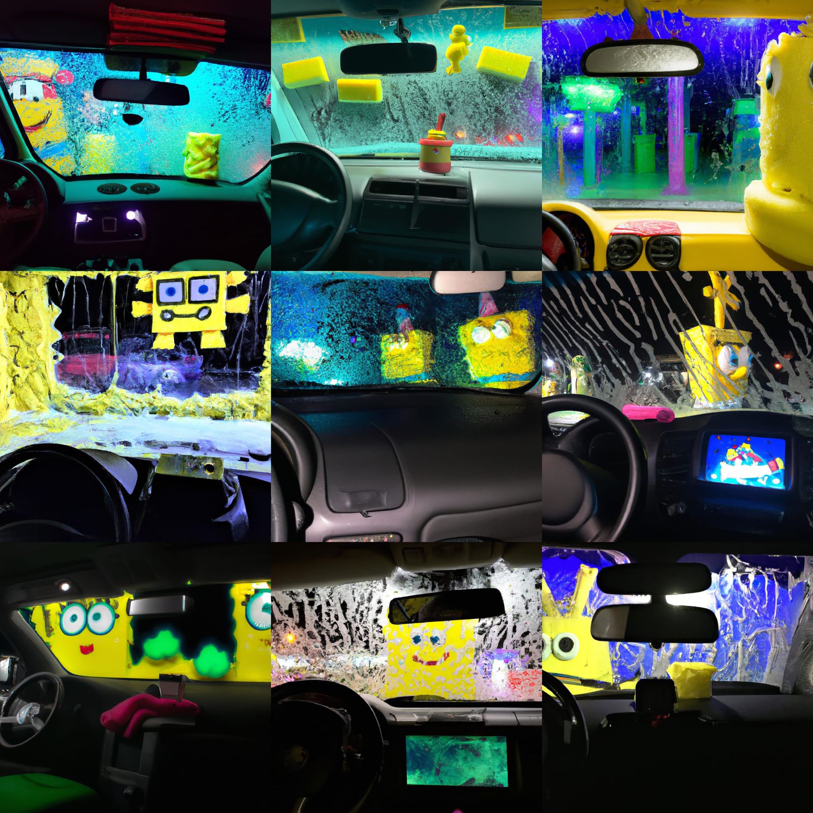 A SpongeBob SquarePants themed roller car wash, car interior...