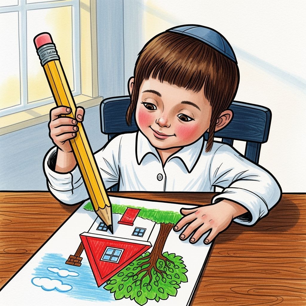 Jewish Child's Drawing in Traditional Illustration Style