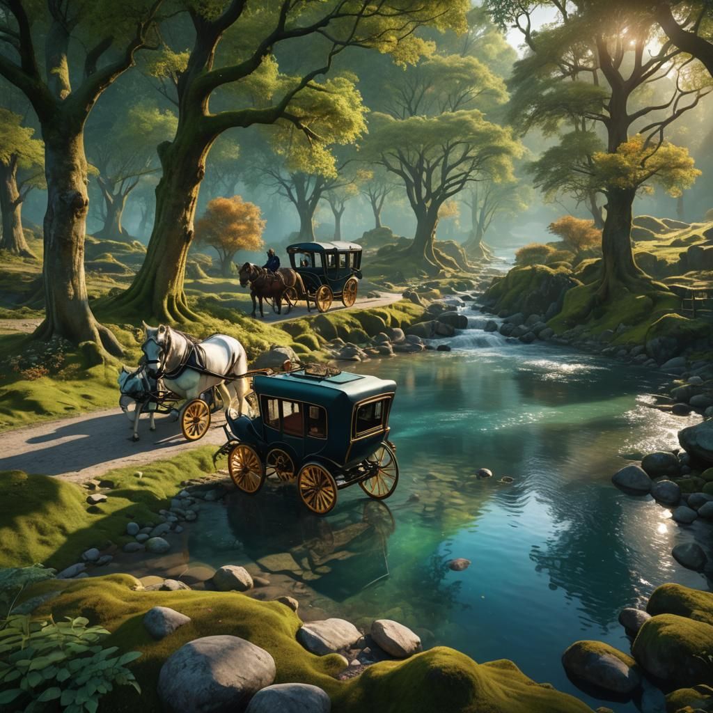 Horse and Carriage in Vibrant Fantasy Landscape