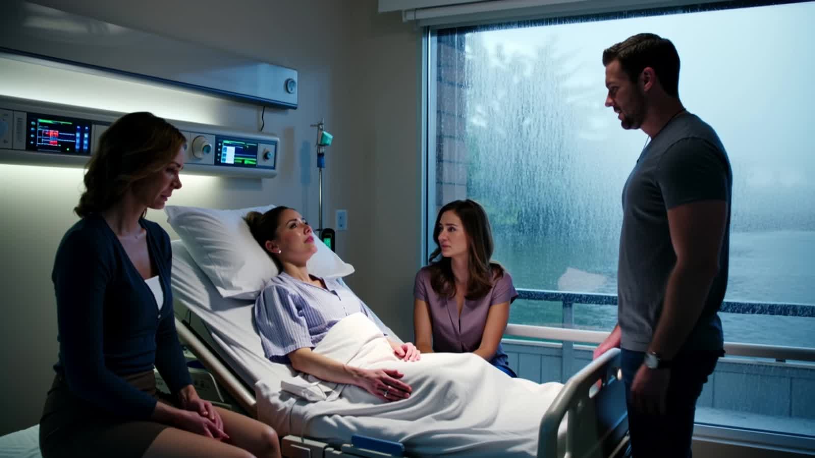 A cinematic scene at twilight. A hospital room bathed in soft, cold light. Lena, a woman in her early 40s, pale and frag...