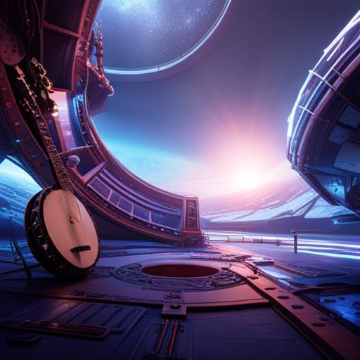 A futuristic banjo leaning on a stage in a space station