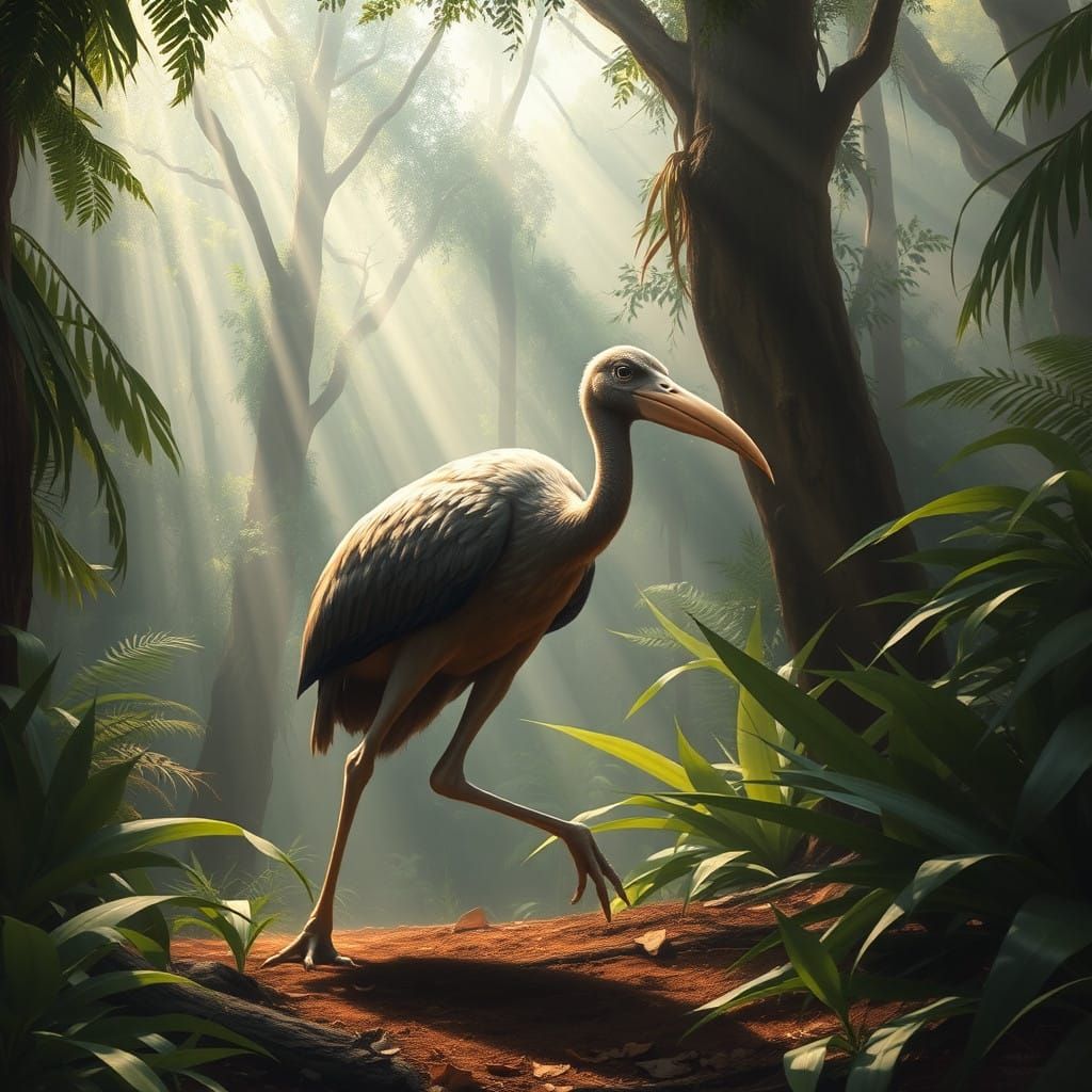 an elephant bird walking through the rainforest  by @Pseudonym