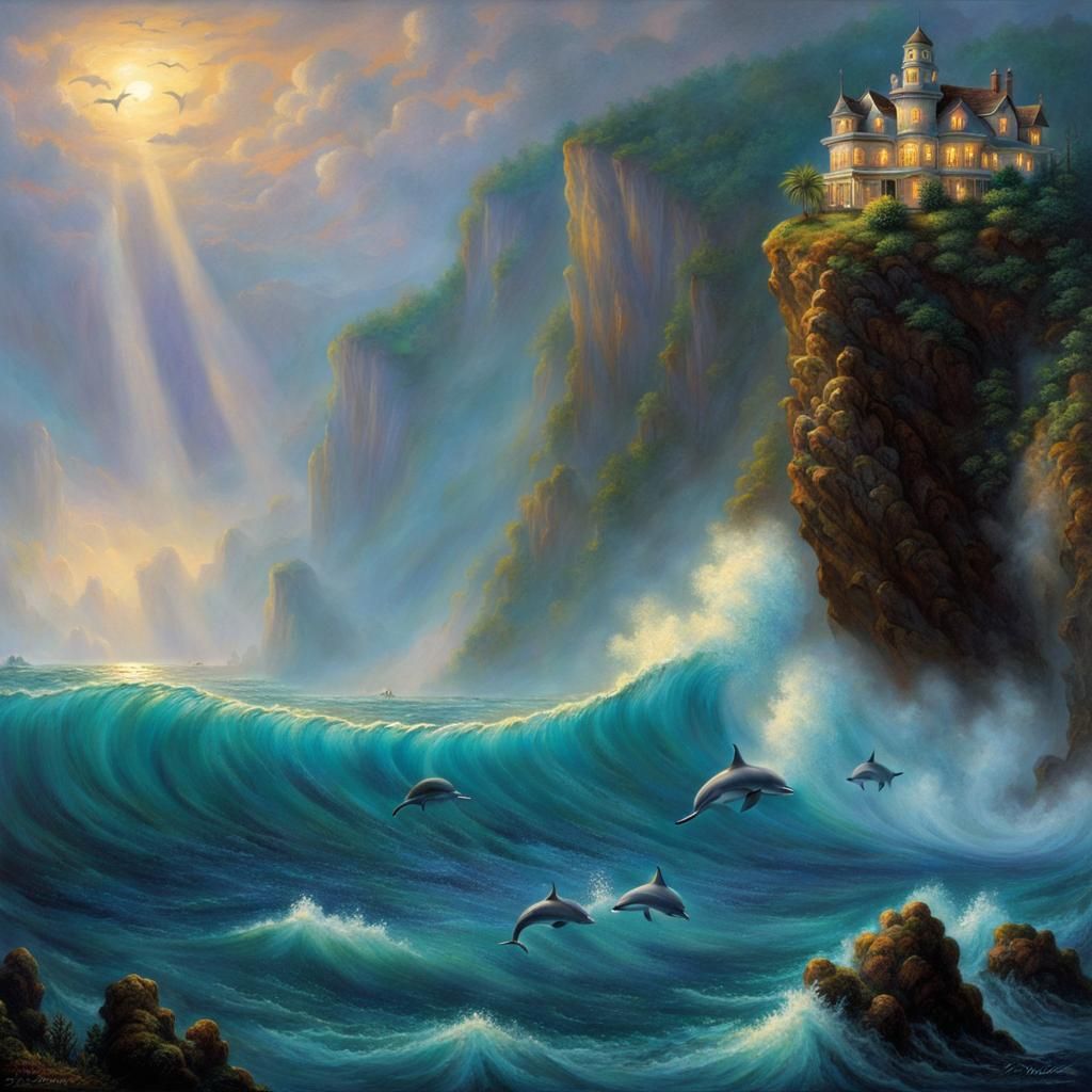 dolphins and octopus hybrids in a dark wild ocean with overh...