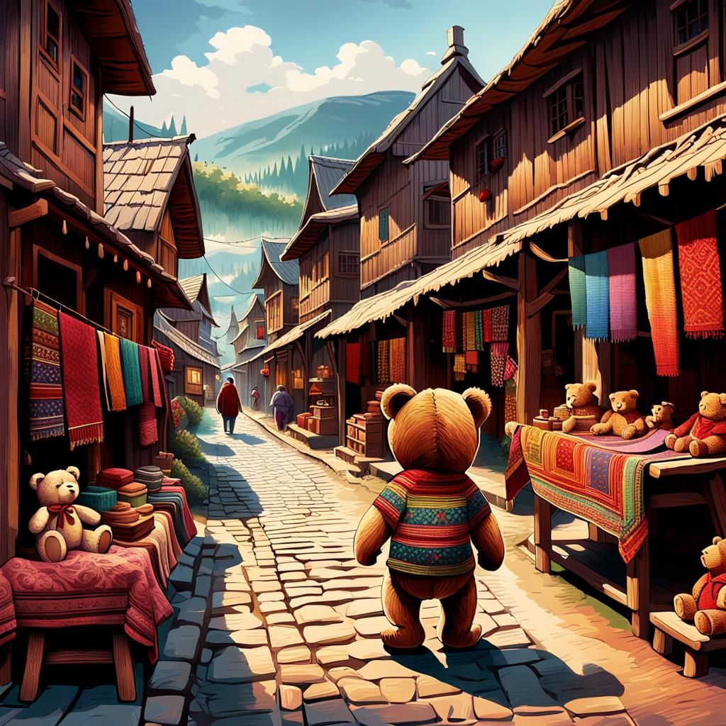 Teddy Bear Walks Through Village Street