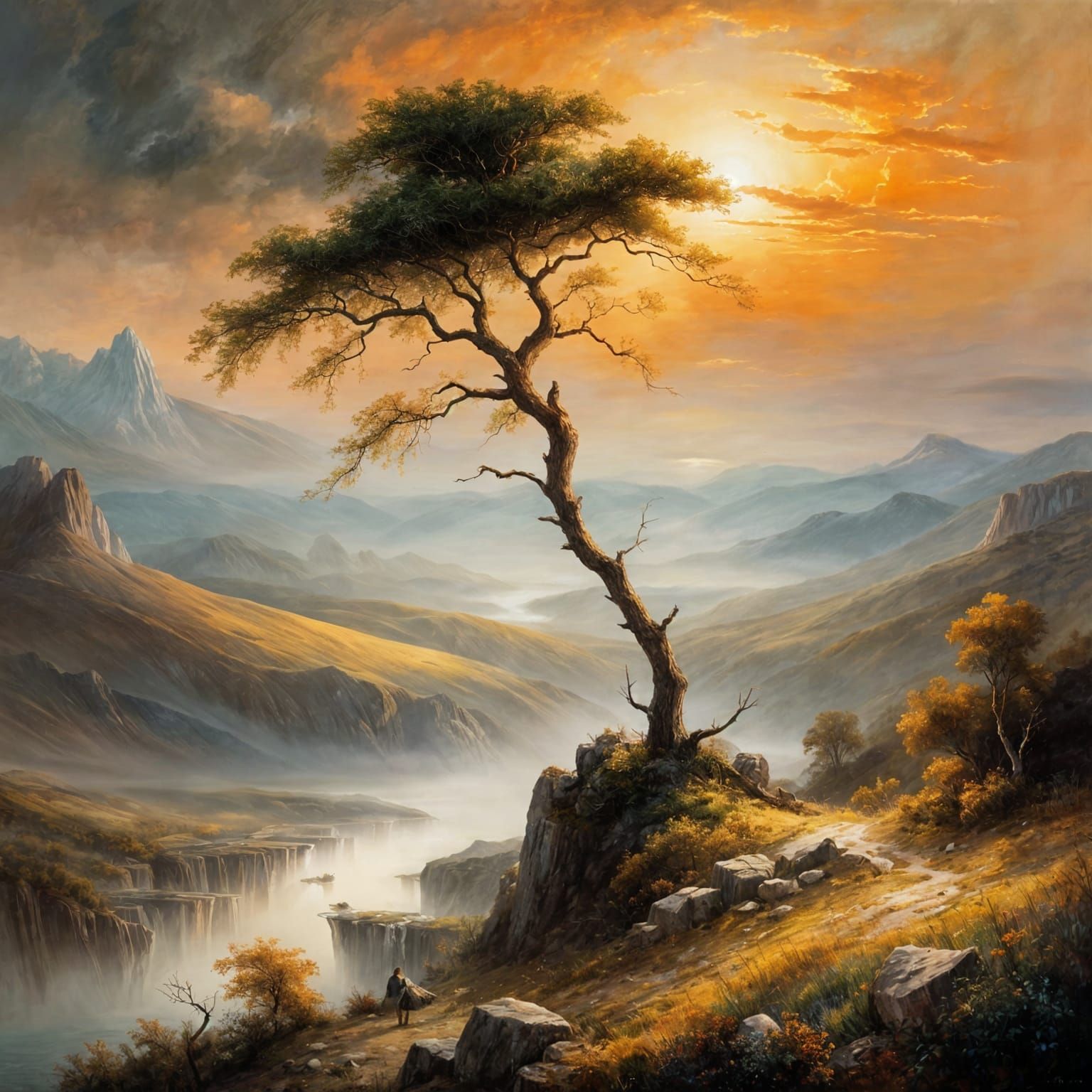 hill, gazing at a breathtaking sunset behind majestic mountains. A lone tree with gentle, windswept ...  by @Yeshi Master
