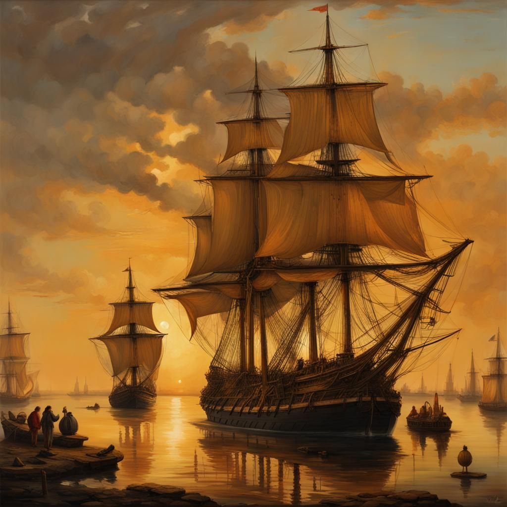 Trading ship at sun set  by @paul