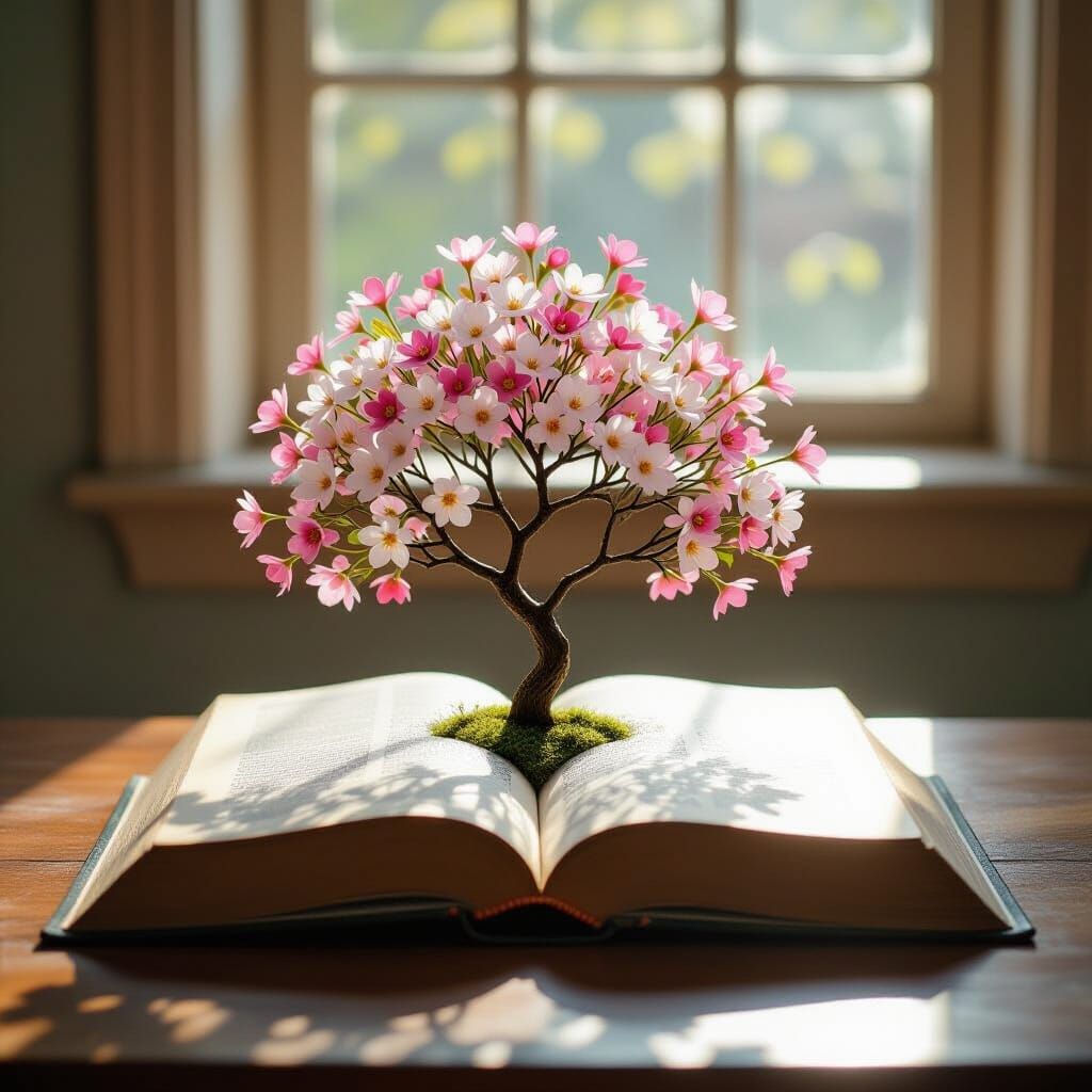 Book Blossoms: Tree of Knowledge Blooms on Table