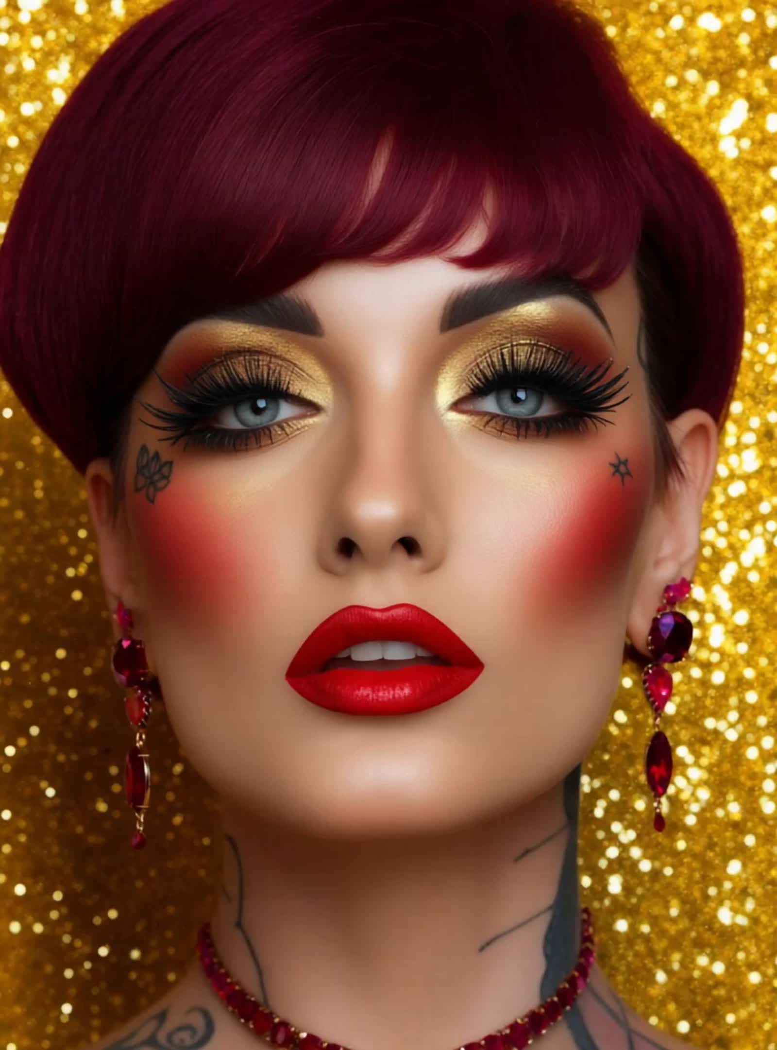 a womans beautiful face and maroon hair, with detailed fancy eye makeup, long lashes, red lipstick, ruby jewelry, skin t...
