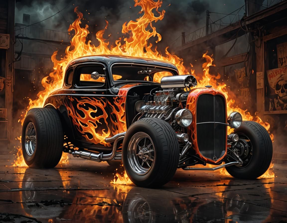 digital painting of a powerful, Hot rod car with intricate f...