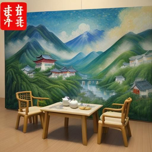 Chinese Tea Ceremony in Expressionist Oil Painting Style