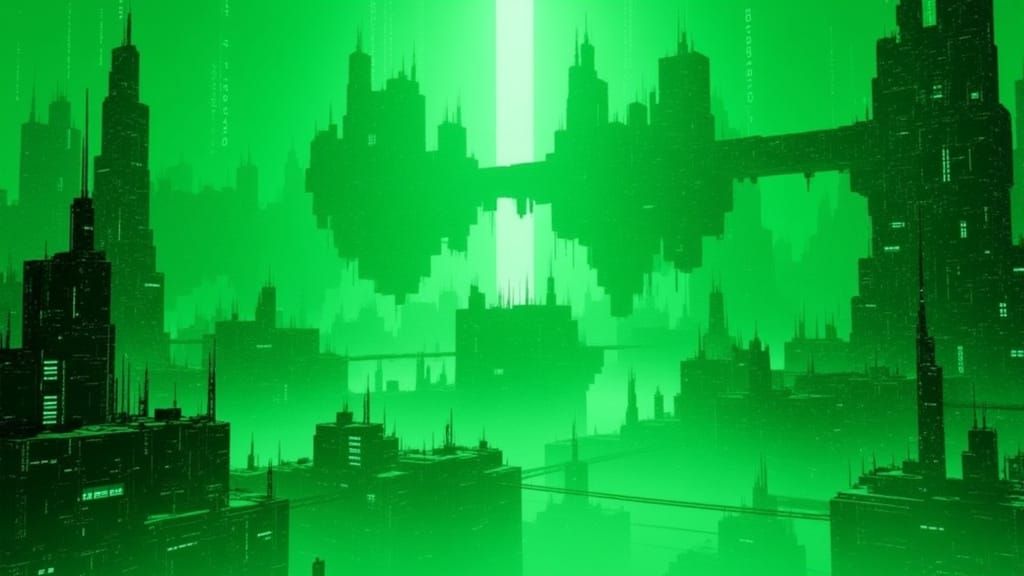 <lora:Sector Six:1.0> A hyper vivid cityscape composed of dystopian buildings surrounded by green fog with a light shining through it, brigh...