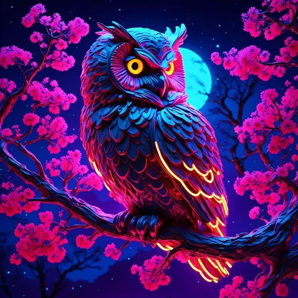 <lora:Mindful - Birds:1.0> Neon light sign of an Owl on tree...