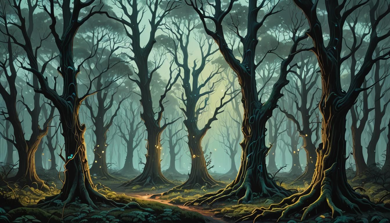 Crooked trees leaning and whispering, branch arms , glowing ...