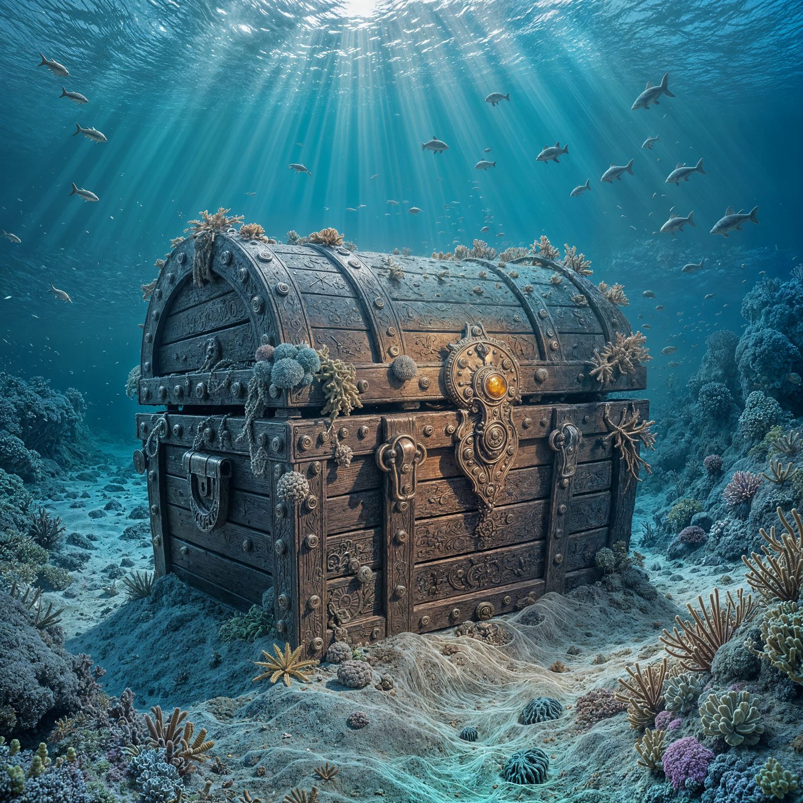 An ancient, ornate treasure chest, encrusted with barnacles and seaweed, rests on a sandy seabed. Bioluminescent ...  by @Ydnar