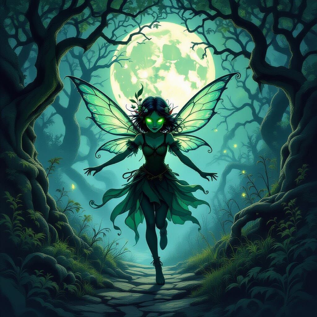 A mischievous shadow pixie with glowing emerald eyes dances through a moonlit forest, leading lost travelers ...  by @Jack