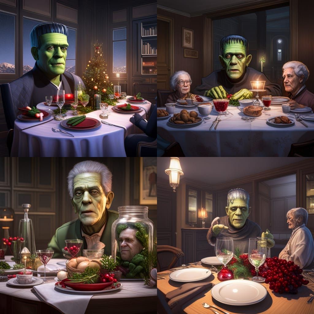 Frankenstein family christmas dinner with grandmothers head in a glass