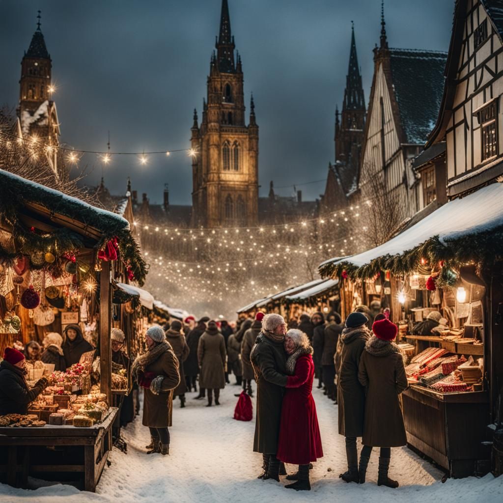Christmas Market in the little town, by Arthur Rackham, Carn...