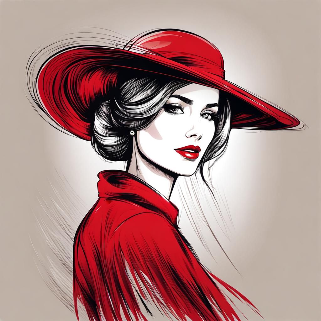 elegant woman with red hat sketch style - AI Generated Artwork ...