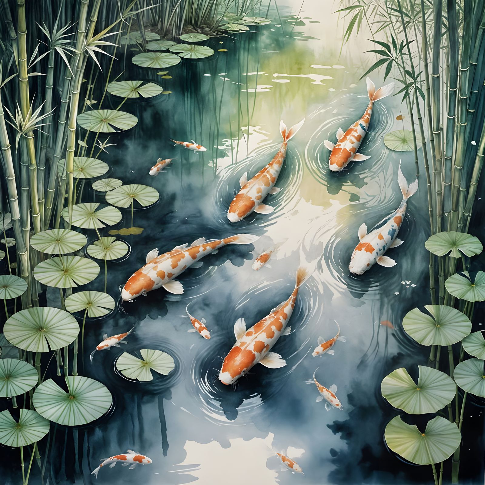 Koi Pond Dawn: Serene Watercolor Landscape