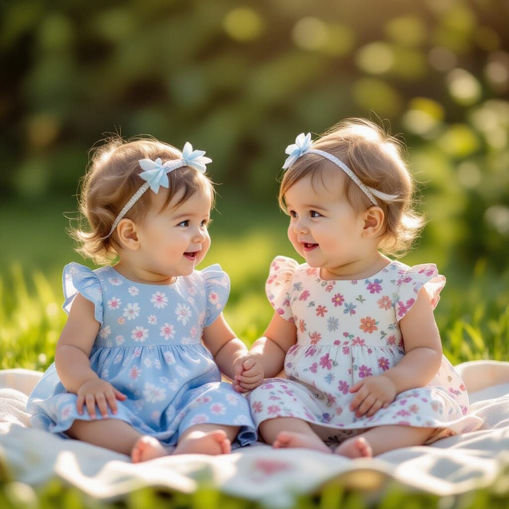 Adorable Twin Baby Girls on Magical Grass