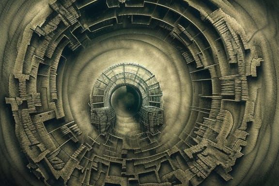 aerial view of labyrinth-maze surrounding crumbling haunted ...