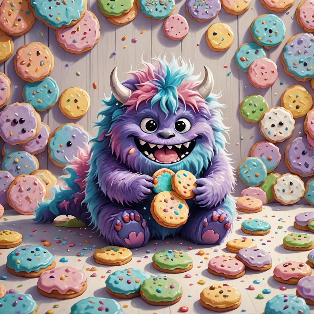 A cute, fluffy monster happily eating colorful cookies  by @JoseM