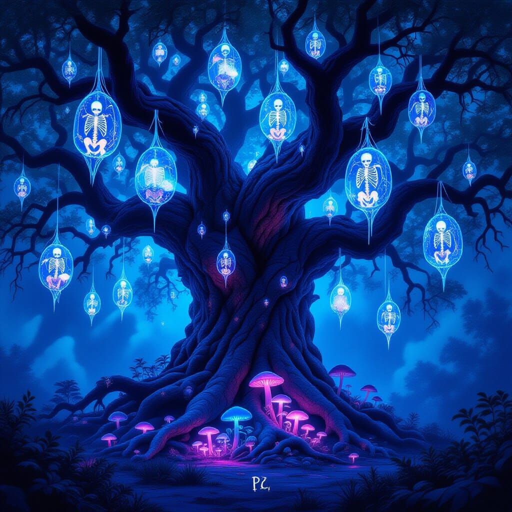 Ancient Tree Entangled in Luminous Spiderwebs with Skeletons