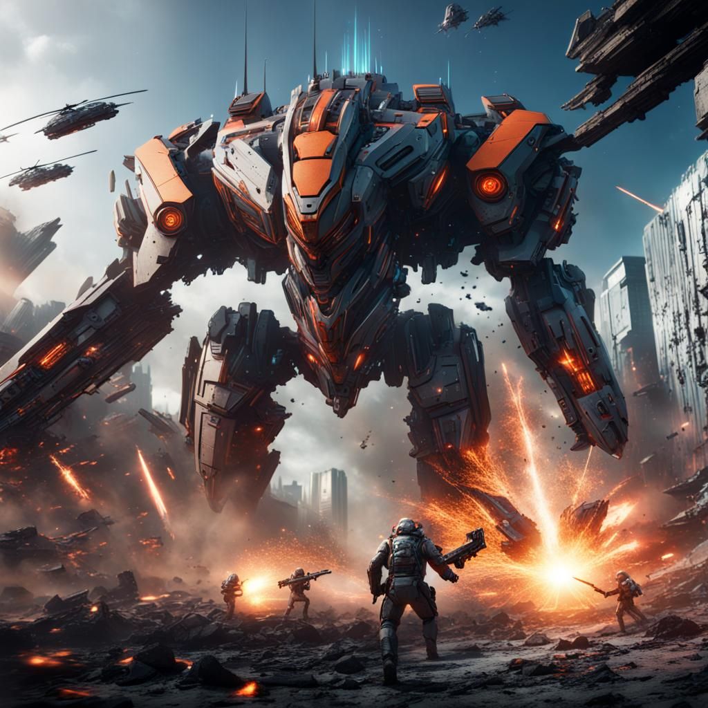 a high-tech battle sequence with futuristic weaponry, explosions, and ...