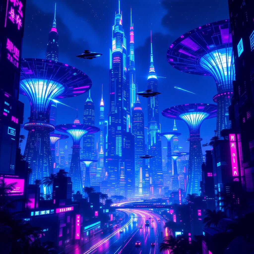 A bioluminescent cityscape at night