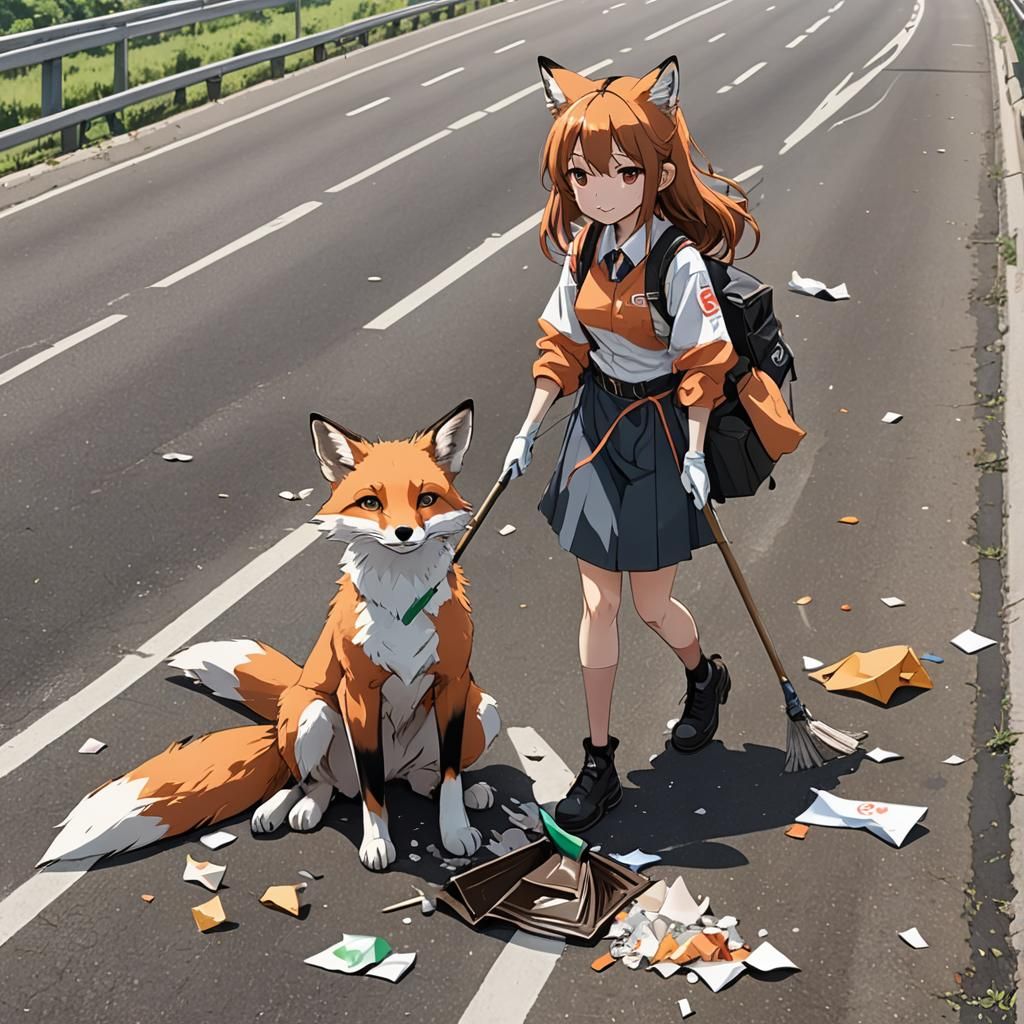 Anime Fox Girl cleaning up litter on a highway  