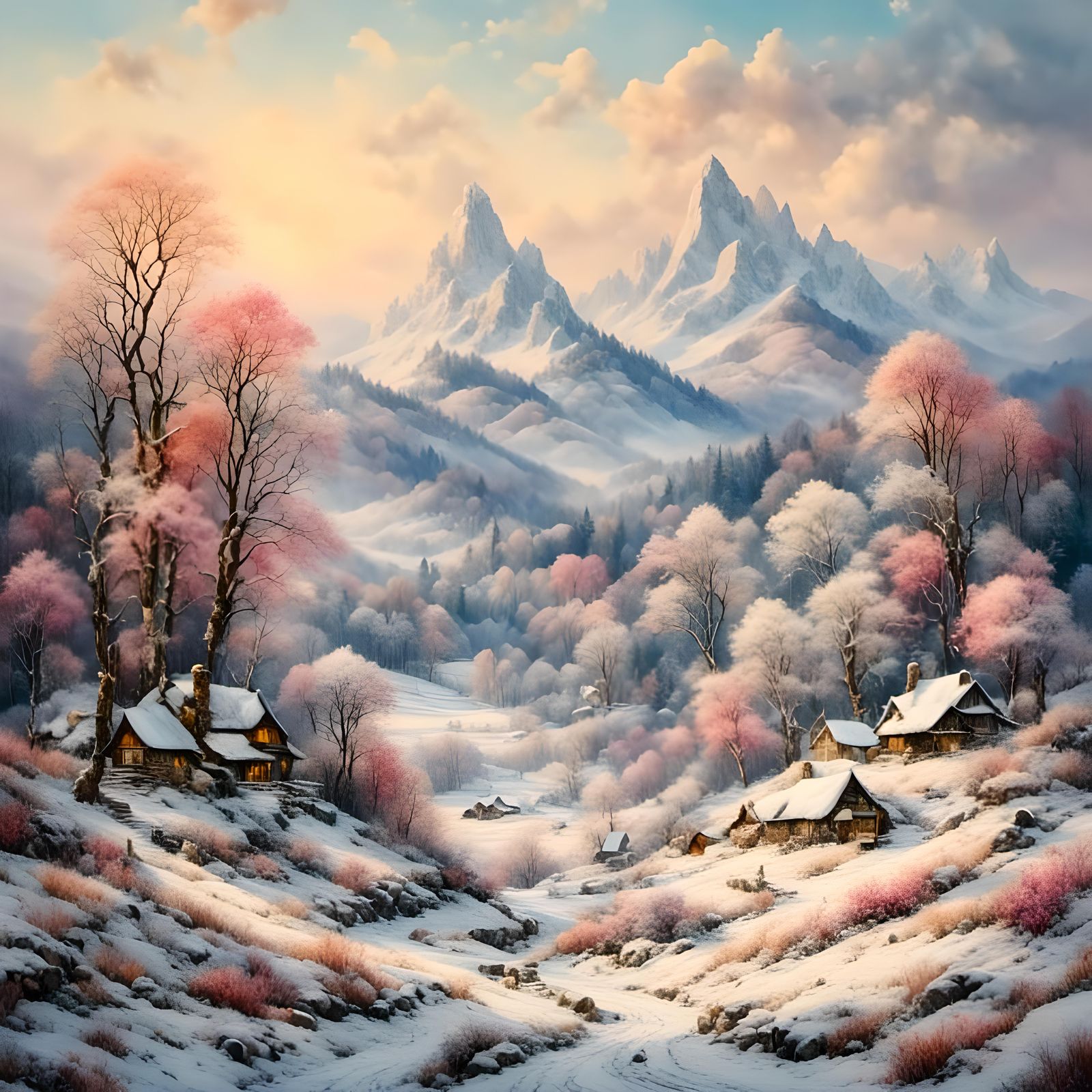 <lora:Pink Snow WaterCol 1:1.0> <lora:PaubhariXL:1.0> winter...