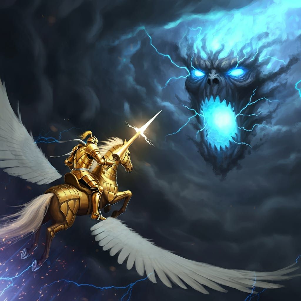 Pegasus knight lance rider charging at storm monster