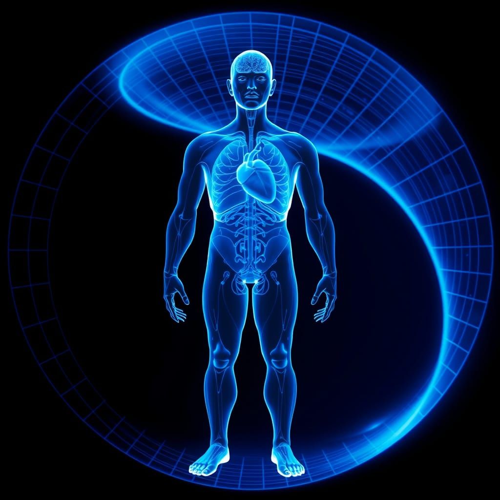 Create a futuristic, detailed image visualizing the concept of an extended 'Bodymind' from psychology: A high-resolution human hologram in g...