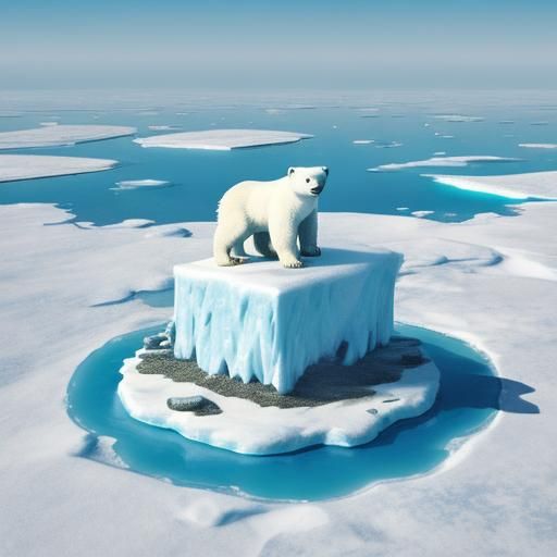 A polar bear in a wheelchair on a piece of floating island