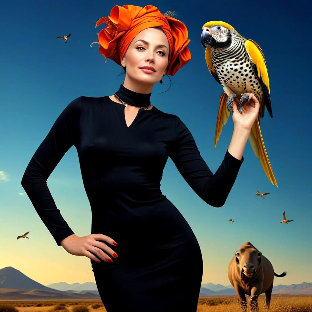 Surrealistic Portrait of a Vibrant Lady in Exotic Landscape