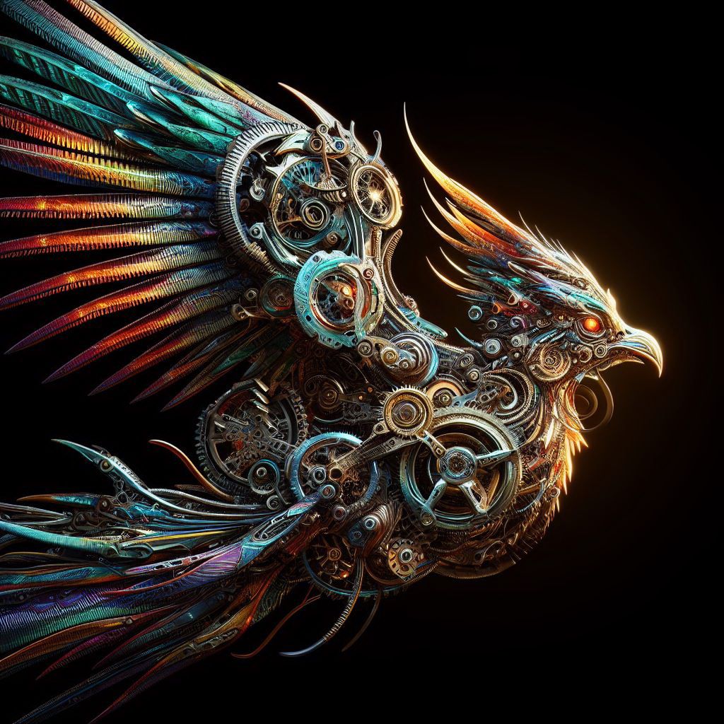 Colorful sci-fi steampunk bird