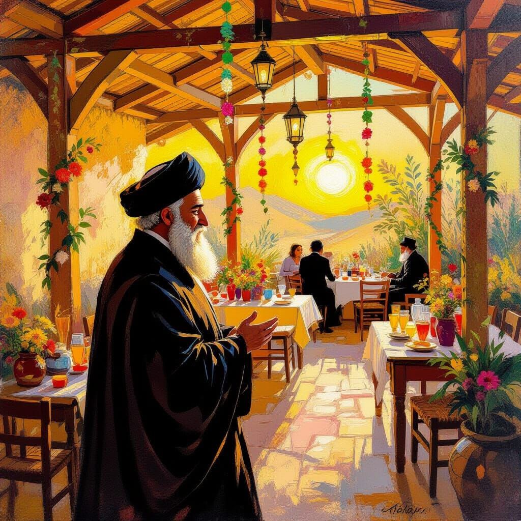 Abraham Avinu in a Decorated Sukkah Oil Painting