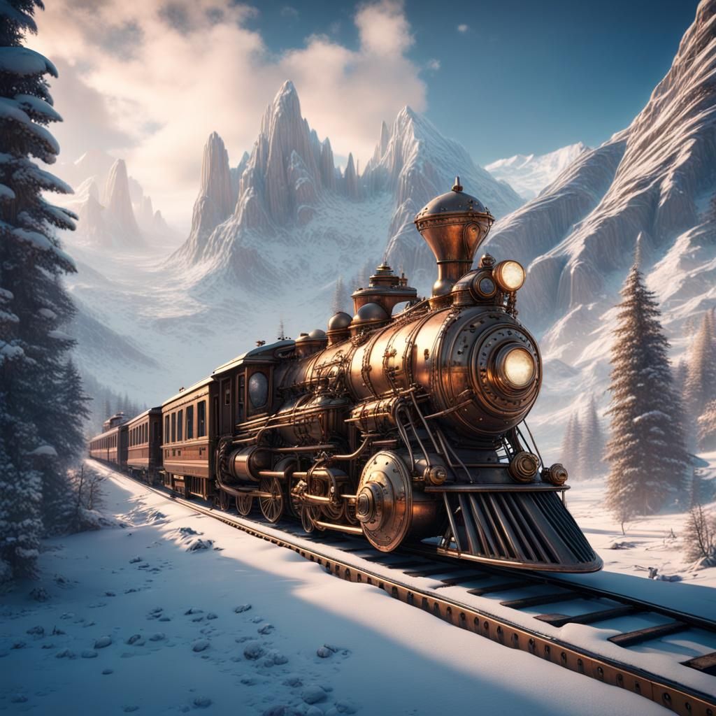 steampunk futuristic train in a magical winter area with big