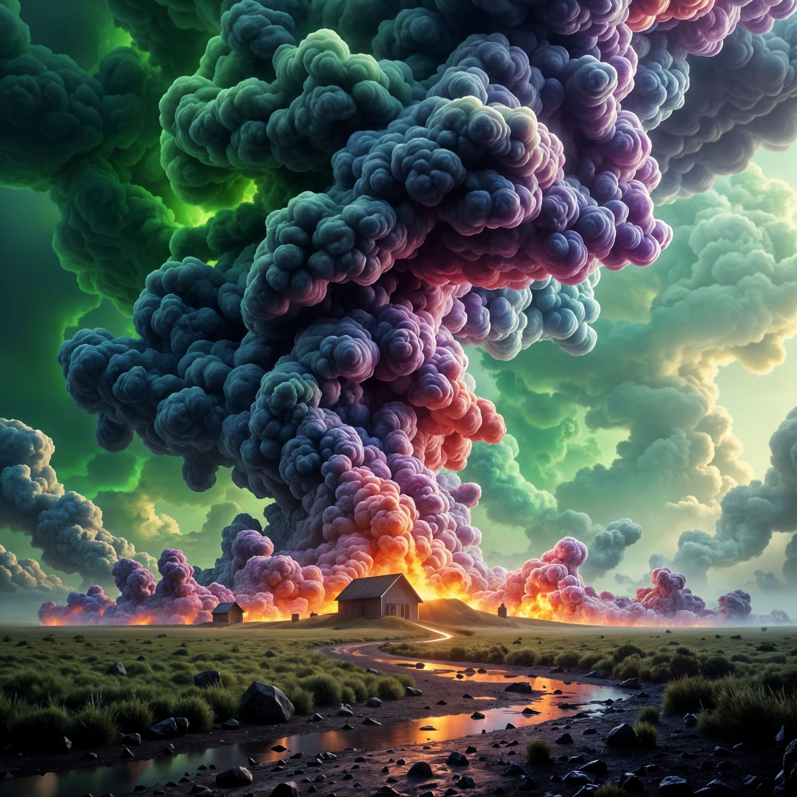 Cat 7 tornado, tornadic, countryside, massive swirling green purple and red,  lightning, billowing smoke-fire and debris swirling tornado, d...