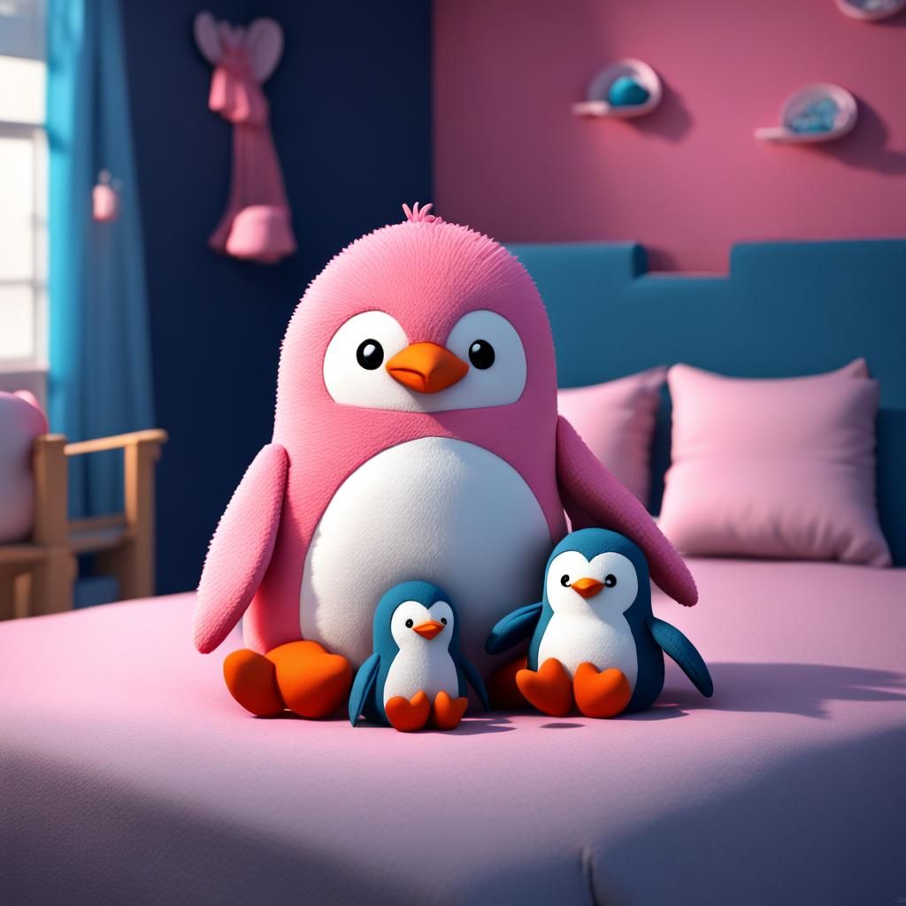 Fluffy Pink Penguin Plush Toys in 3D Digital Art