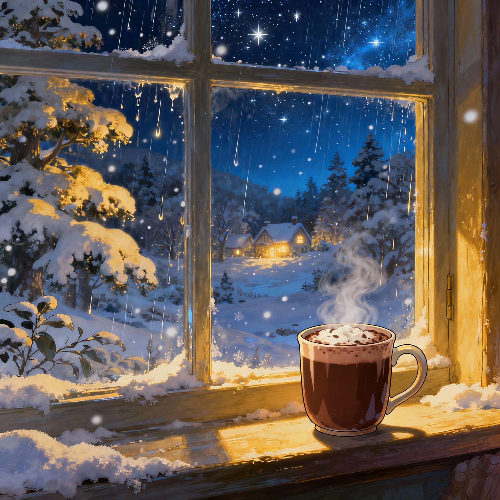 Cozy Winter Window View with Magical Landscape