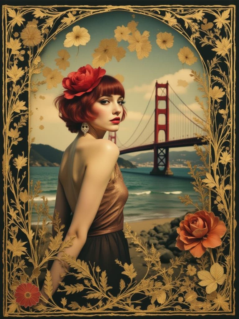 SMILING WOMAN, BRIGHT RED MOHAWK, PUNK HAIRSTYLE, FAMOUS BRIDGE, stylized portraiture, ornate gilded filigree frame, aged photo in the style...