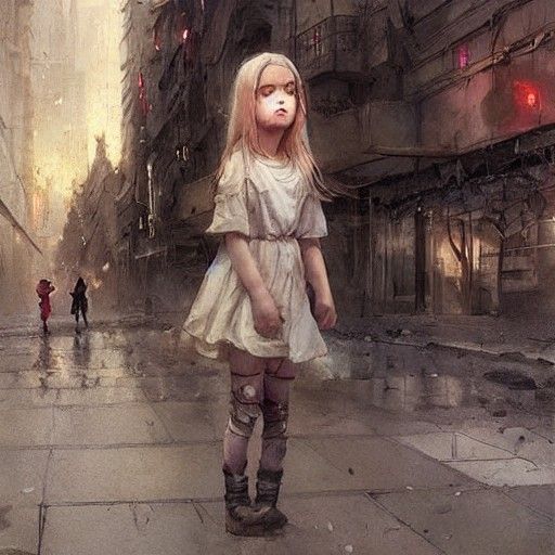 sweet little girl sad in the middle of city and hope siniste...