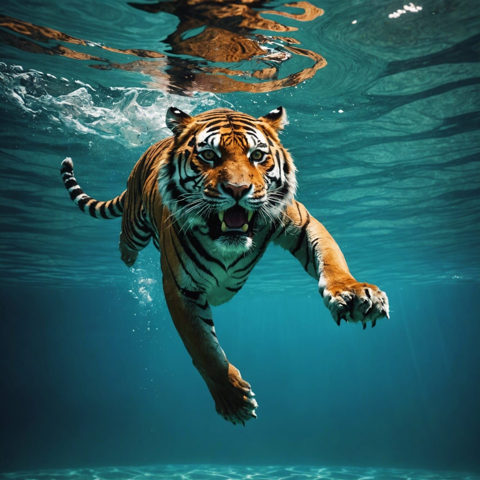 a tiger swimmer, diving into the clear water, cinematic view.  3D. digital art. High definition, high ...  by @yann de tod